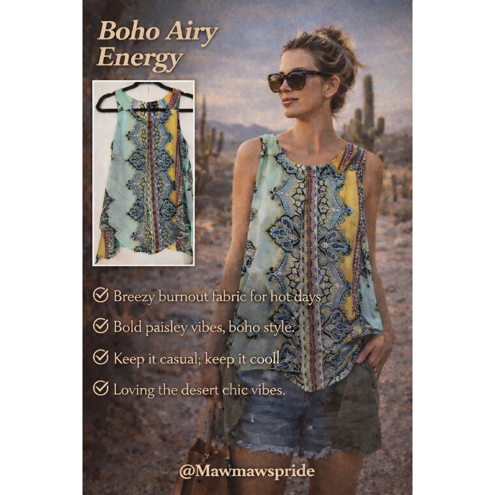 NEW DIRECTIONS‎ PETITE Women's Sleeveless Paisley Burnout Top PS Boho Airy Edgy